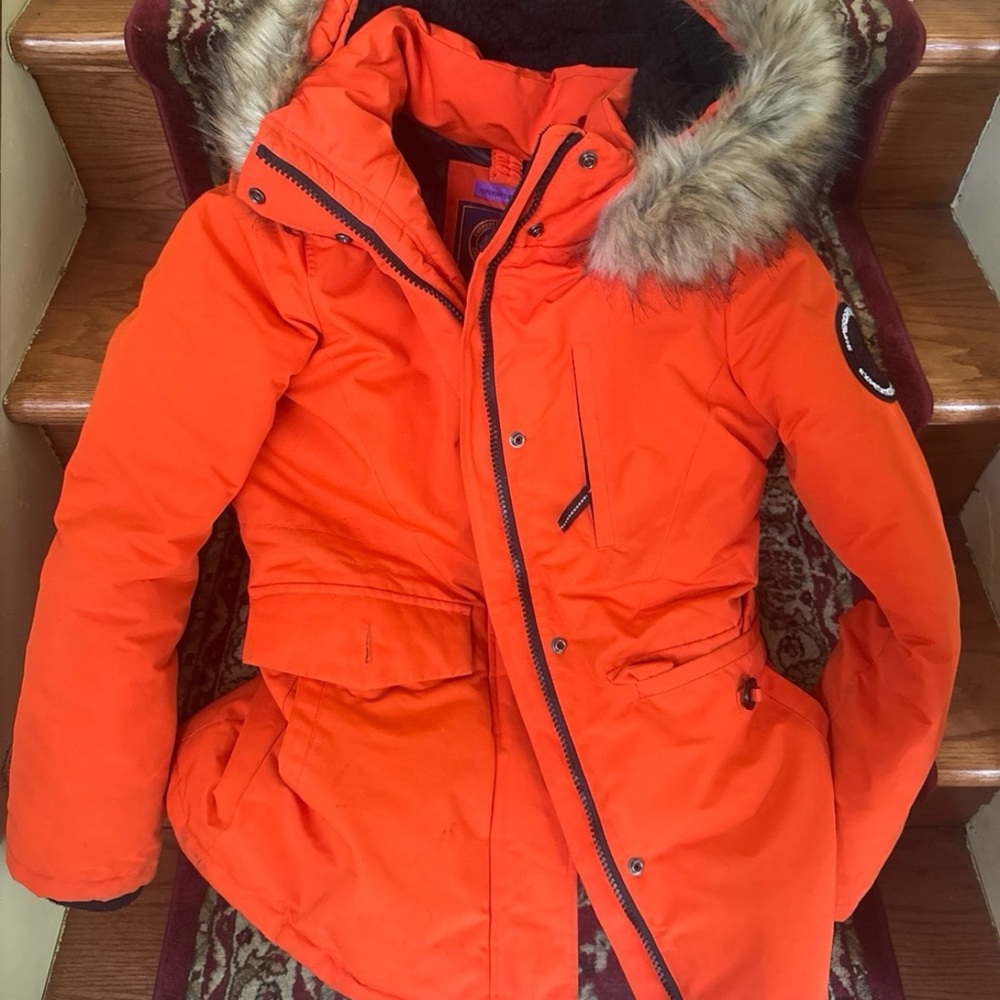 Superdry Orange Puffer Jacket with Fur Trim